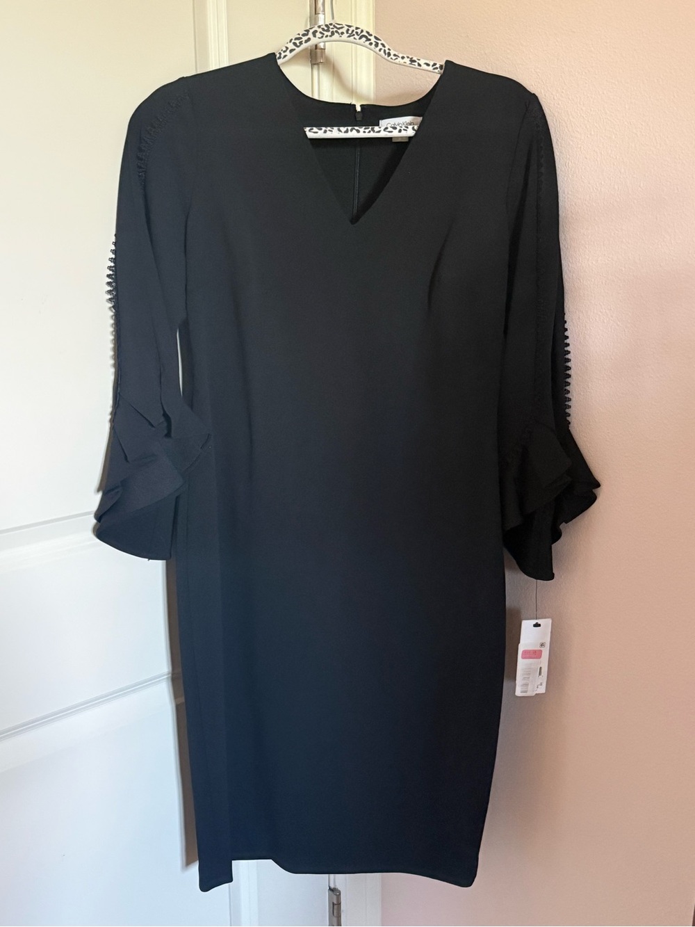 NWT Calvin Klein Black V-Neck Sheath Dress Sz 10 Tiered Ruffle Bell Sleeves